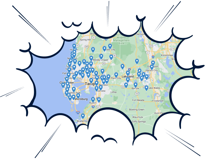 A map of Tampa Bay, Florida, showcasing the Service Area with numerous blue location markers and a comic-style burst effect framing the map.