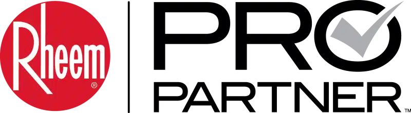 Rheem Pro Partner logo on the left with a red circle and white text; a gray checkmark is on the right, proudly representing Super Heat, Air, and Plumbing.