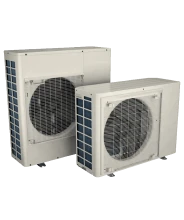Two White Outdoor Air Conditioning Units With Protective Metal Grilles, Positioned Side By Side Against A Plain Background.