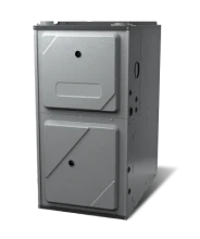 A Gray, Rectangular Metal Furnace With Two Front Panel Doors, Standing On A Flat Surface.