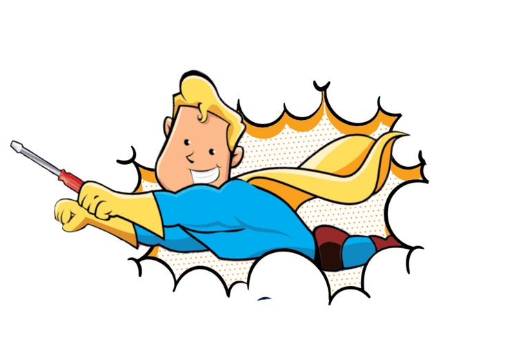 Cartoon superhero with blonde hair, blue suit, and yellow cape flying forward, holding a red-handled screwdriver and a Service Accordion, set against a comic book-style background.