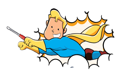 Cartoon superhero with blonde hair, blue suit, yellow cape and gloves soars forward from the Hero Section, gripping a red-handled screwdriver.