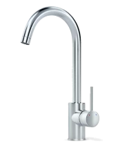 A Modern, Silver Kitchen Faucet With A Curved Spout And A Single Lever Handle.