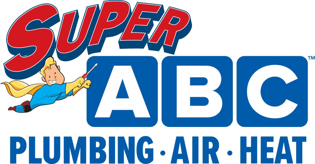 Logo For Super Abc Plumbing Air Heat, With A Cartoon Superhero Holding A Wrench Above Blue Blocks Labeled “A”, “B”, “C”, And Text Reading “Plumbing · Air · Heat” Below.