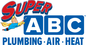Logo for Super ABC Plumbing Air Heat, with a cartoon superhero holding a wrench above blue blocks labeled “A”, “B”, “C”, and text reading “PLUMBING · AIR · HEAT” below.