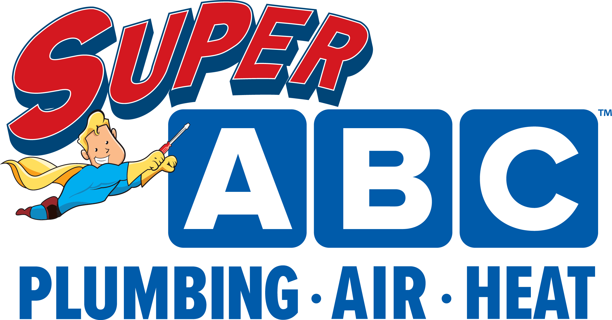Logo for Super ABC Plumbing Air Heat, with a cartoon superhero holding a wrench above blue blocks labeled “A”, “B”, “C”, and text reading “PLUMBING · AIR · HEAT” below.